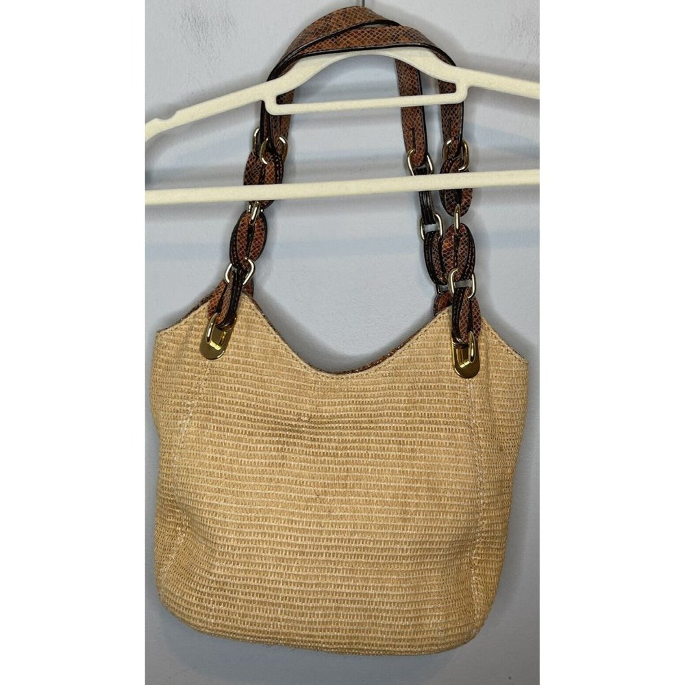MICHAEL KORS STRAW SHOULDER BAG W/ REPTILE LEATHER TRIM GOLD TONE HARDWARE Boho - Picture 2 of 10